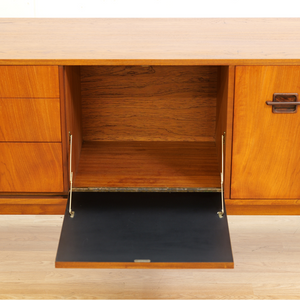 MID CENTURY TEAK CORINTHIAN CREDENZA BY NATHAN FURNITURE