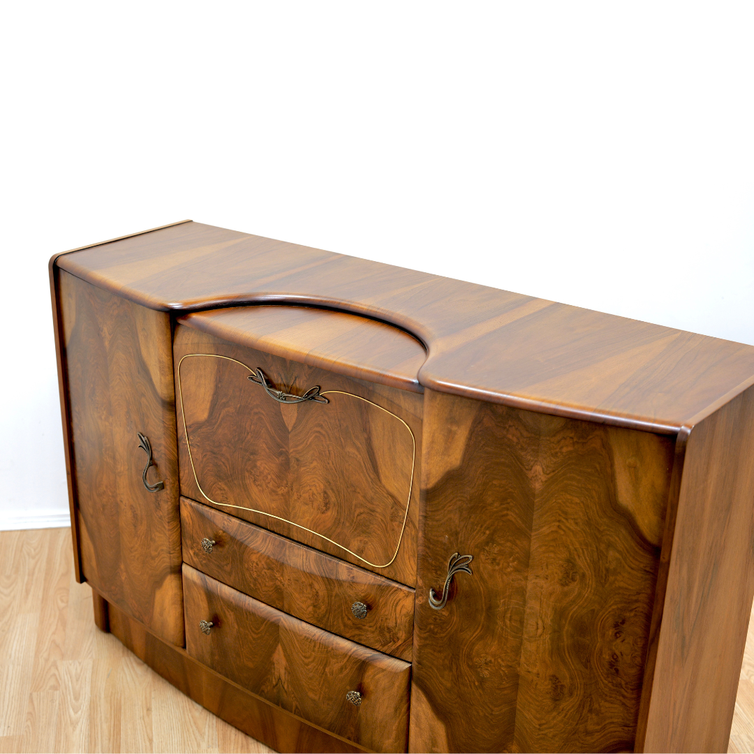 1950s WALNUT COCKTAIL CABINET CREDENZA BY BEAUTILITY FURNITURE