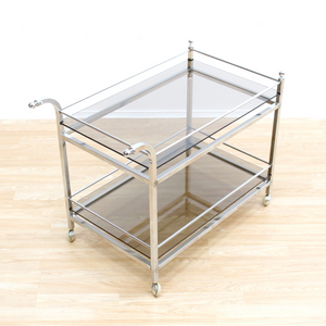 VINTAGE 1970S CHROME & SMOKED GLASS BAR CART BY MERROW ASSOCIATES