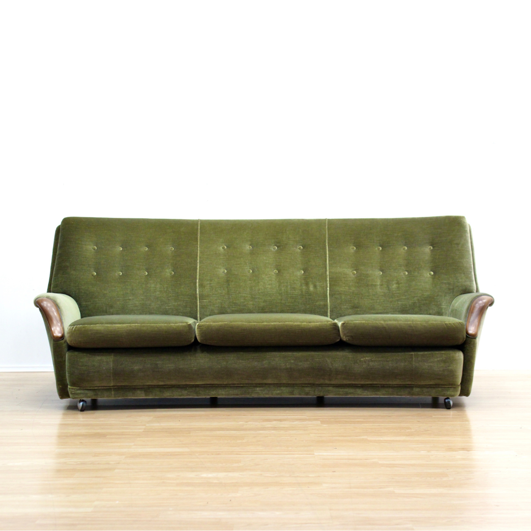 MID CENTURY GREEN VELVET SOFA & CHAIRS BY HEALS OF LONDON