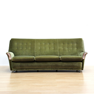 MID CENTURY GREEN VELVET SOFA & CHAIRS BY HEALS OF LONDON