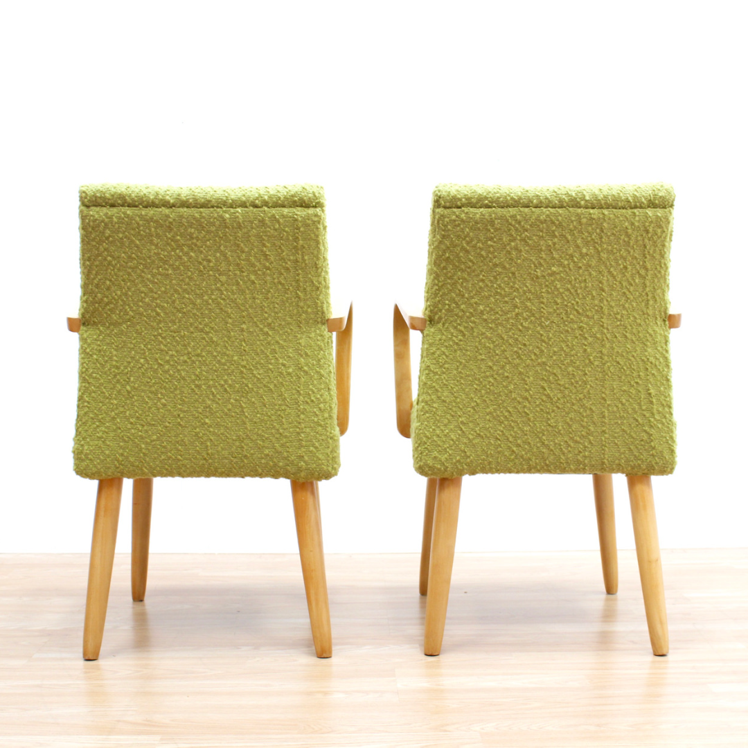 PAIR OF MID CENTURY 1950S BENT WOOD COCKTAIL LOUNGE CHAIRS IN GREEN TWEED