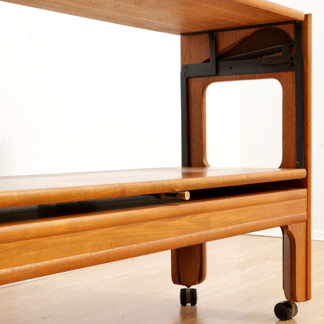 MID CENTURY MECHANICAL BAR CART FOLDING CONSOLE TABLE