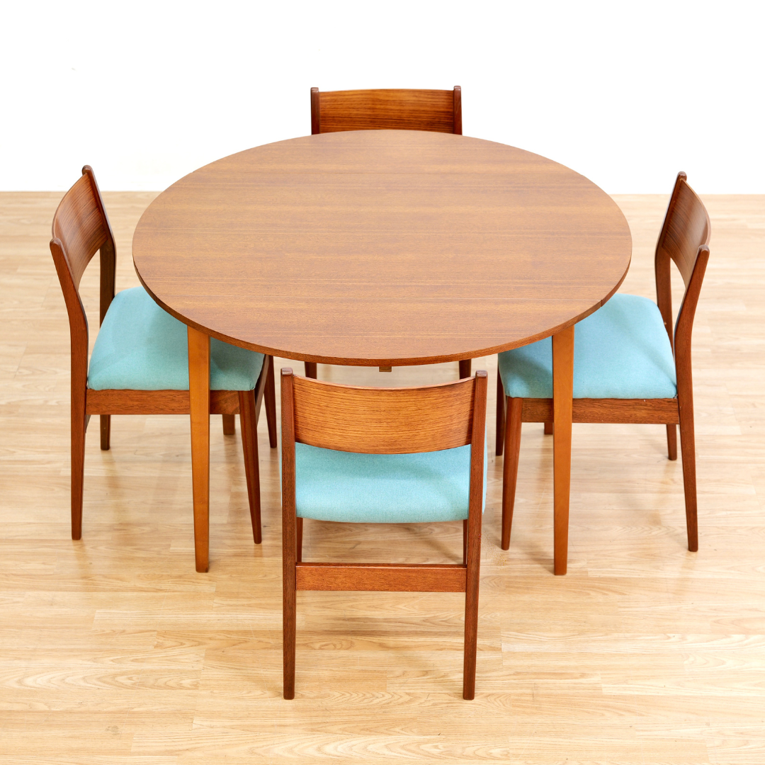 MID CENTURY DROP LEAF DINING TABLE AND FOUR CHAIRS