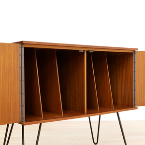 MID CENTURY TEAK VINYL RECORD STORAGE CABINET ON HAIRPIN LEGS