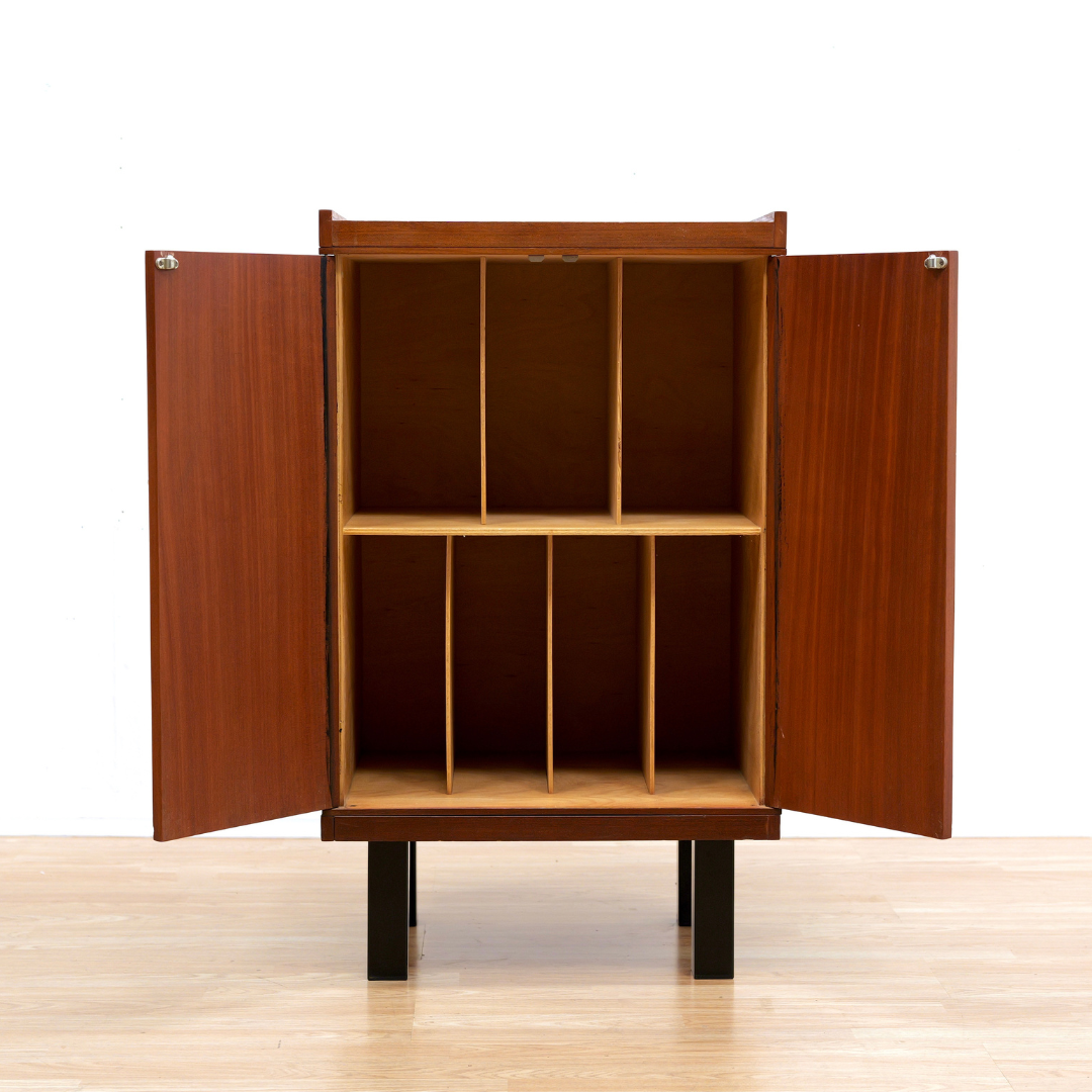 MID CENTURY TEAK VINYL RECORD STORAGE CABINET