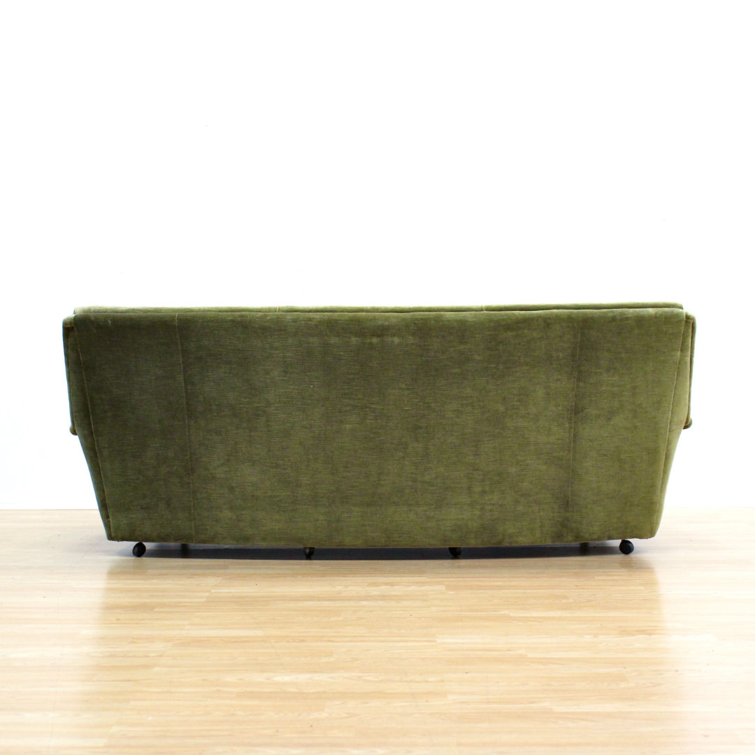 MID CENTURY GREEN VELVET SOFA & CHAIRS BY HEALS OF LONDON
