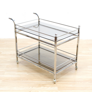 VINTAGE 1970S CHROME & SMOKED GLASS BAR CART BY MERROW ASSOCIATES