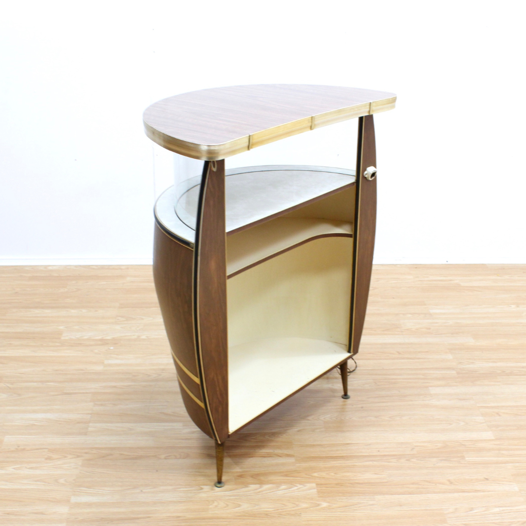 VINTAGE 1960S BARREL SHAPED DRY BAR LIQOUR CABINET