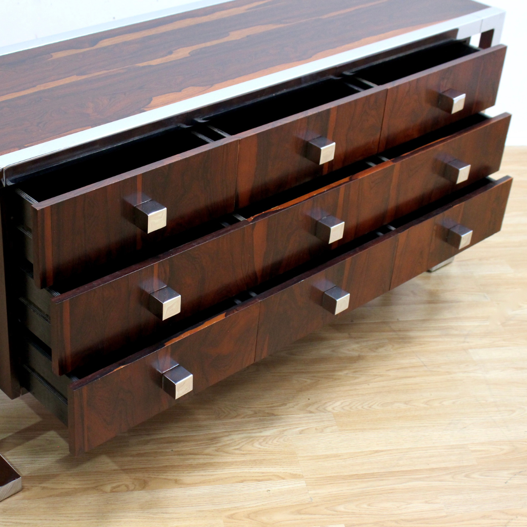 VINTAGE BRITISH ROSEWOOD & CHROME DRESSER CREDENZA BY TIM BATES FOR PIEFF FURNITURE