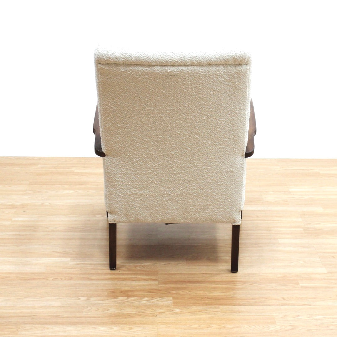 VINTAGE OAK 1940S BENTWOOD ARM CHAIR IN BOUCLE