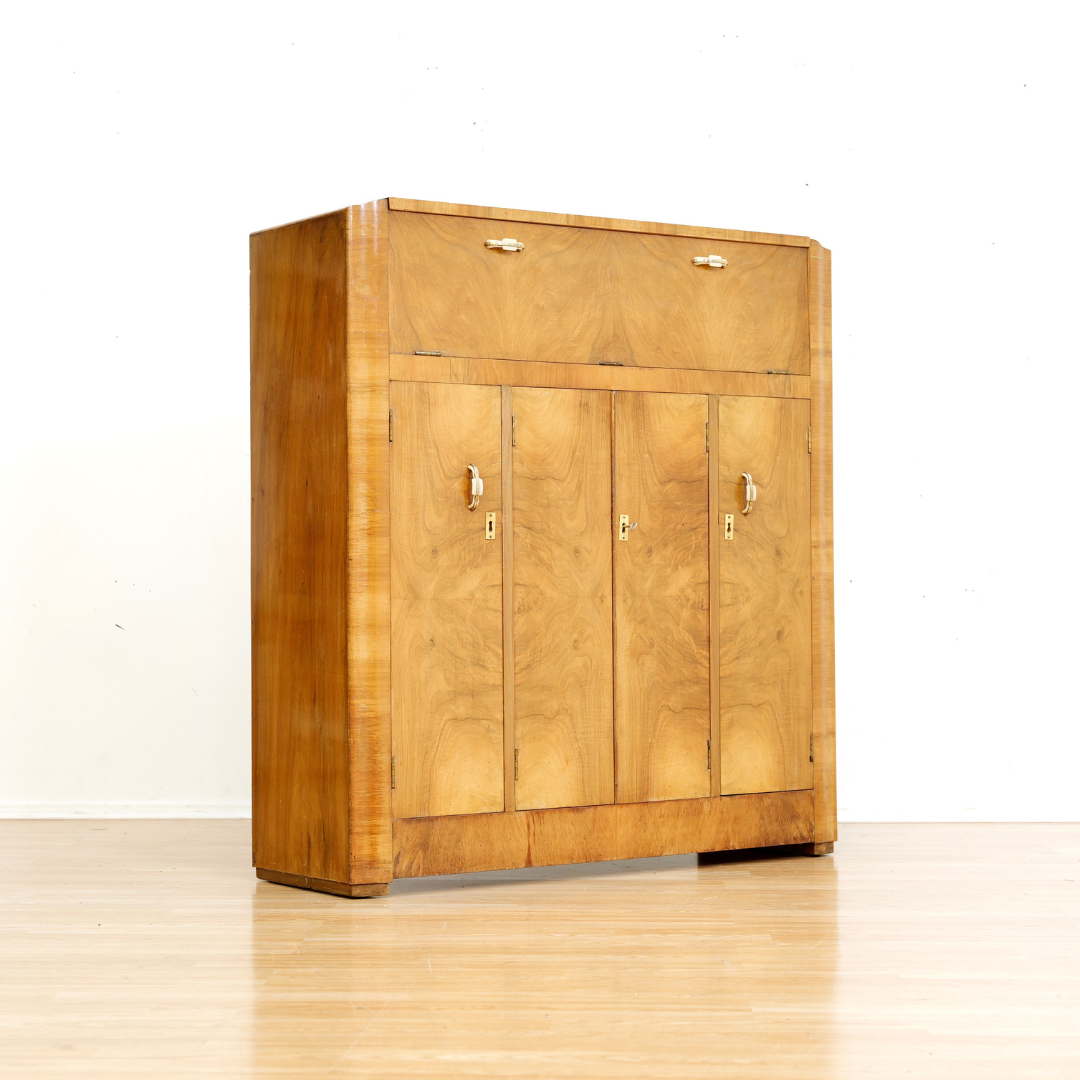 1930S ENGLISH ART DECO WALNUT BURL DRY BAR LIQUOR CABINET