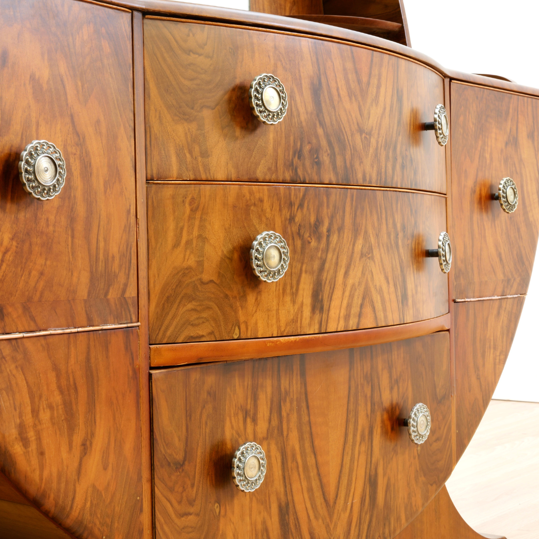 1960S ART DECO REVIVAL WALNUT VANITY DRESSER AND MIRROR