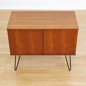 MID CENTURY TEAK VINYL RECORD STORAGE CABINET ON HAIRPIN LEGS