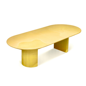 POSTMODERN 1980S KARL SPRINGER GOATSKIN CONFERENCE DINING TABLE OVAL KNIFE EDGE TOP DUAL DEMILUNE PEDESTAL BASE