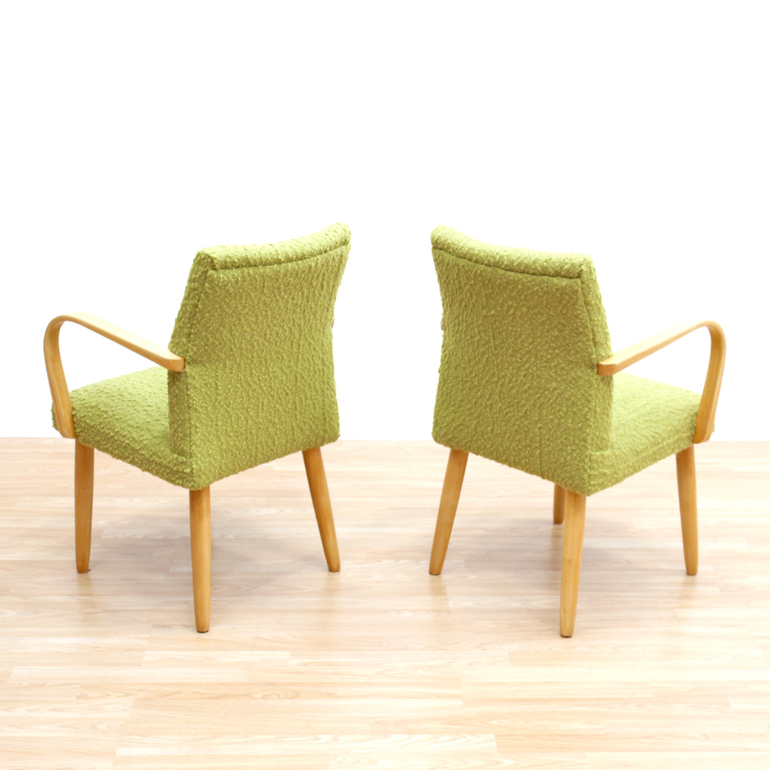PAIR OF MID CENTURY 1950S BENT WOOD COCKTAIL LOUNGE CHAIRS IN GREEN TWEED