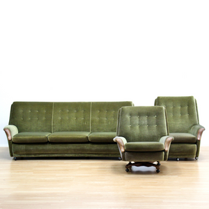 MID CENTURY GREEN DRAYLON SOFA & CHAIRS BY HEALS OF LONDON