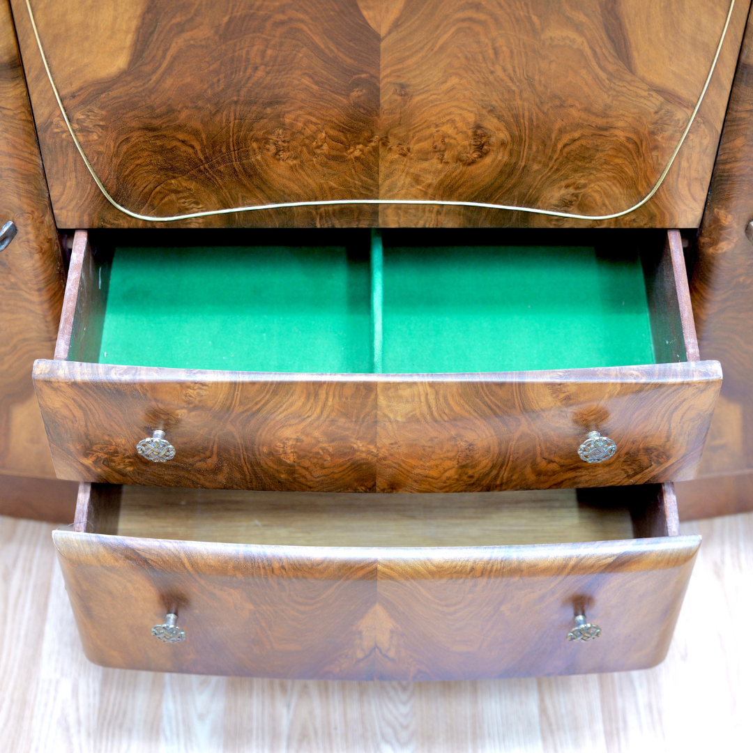 1950s WALNUT COCKTAIL CABINET CREDENZA BY BEAUTILITY FURNITURE