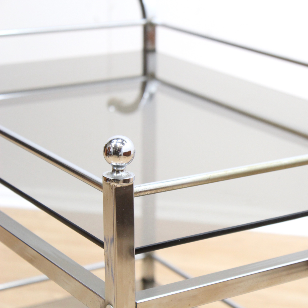 VINTAGE 1970S CHROME & SMOKED GLASS BAR CART BY MERROW ASSOCIATES