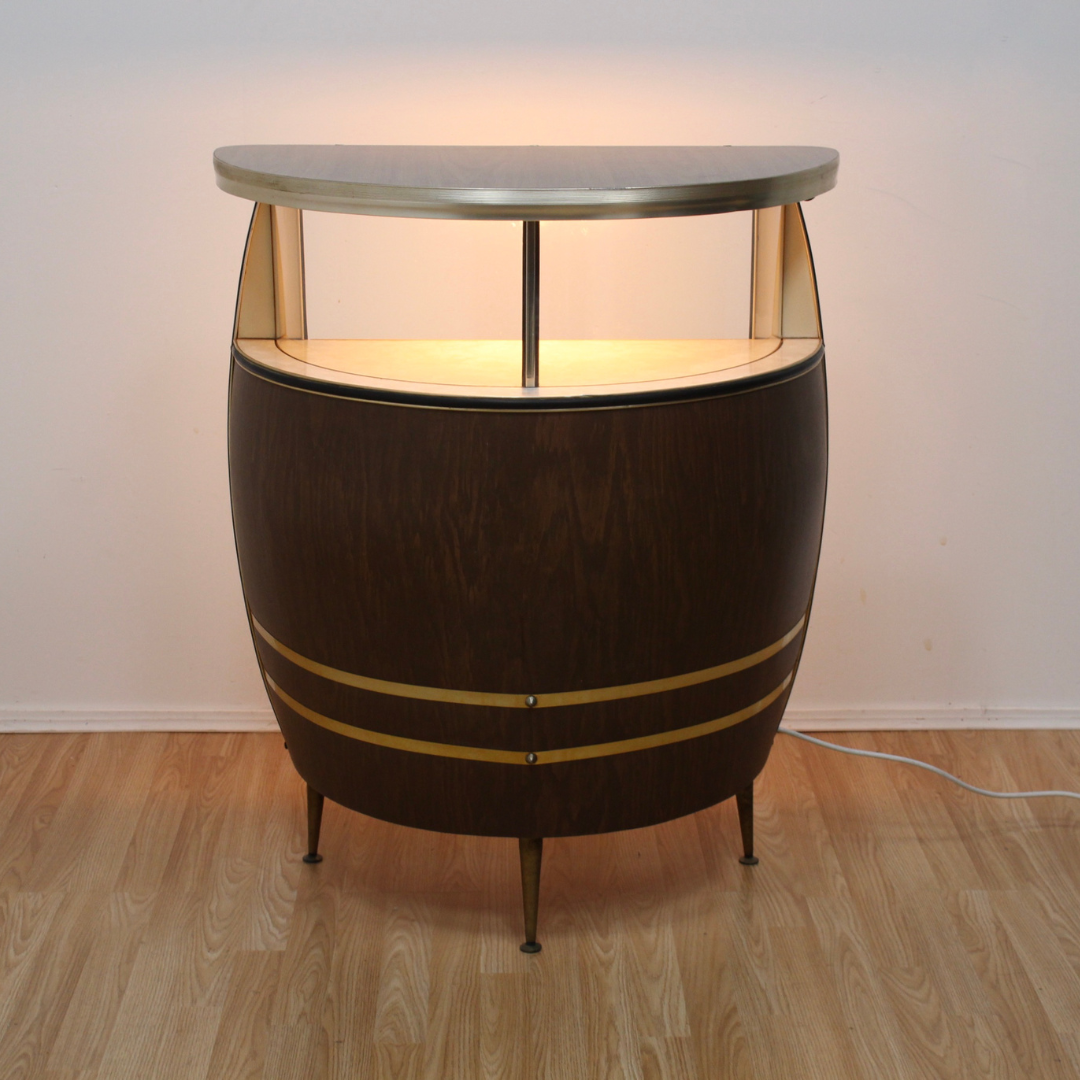 VINTAGE 1960S BARREL SHAPED DRY BAR LIQOUR CABINET