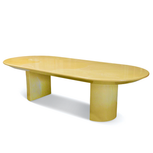 POSTMODERN 1980S KARL SPRINGER GOATSKIN CONFERENCE DINING TABLE OVAL KNIFE EDGE TOP DUAL DEMILUNE PEDESTAL BASE