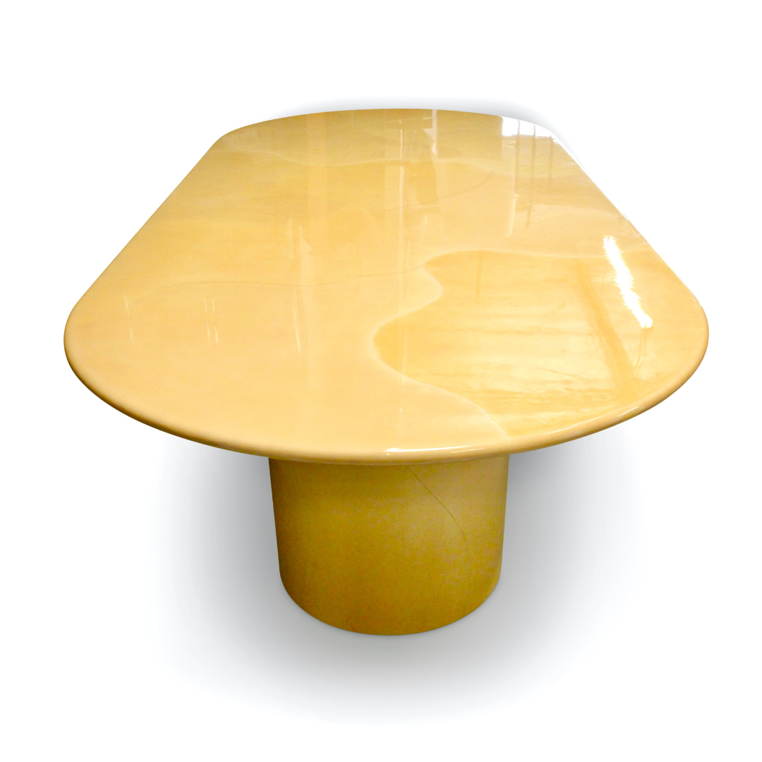 POSTMODERN 1980S KARL SPRINGER GOATSKIN CONFERENCE DINING TABLE OVAL KNIFE EDGE TOP DUAL DEMILUNE PEDESTAL BASE