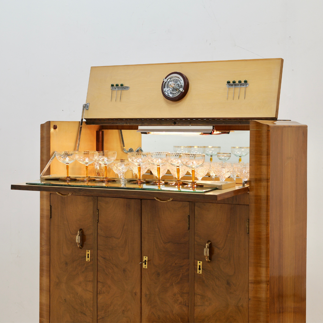 1930S ENGLISH ART DECO WALNUT BURL DRY BAR LIQUOR CABINET