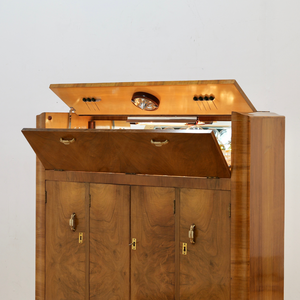 1930S ENGLISH ART DECO WALNUT BURL DRY BAR LIQUOR CABINET