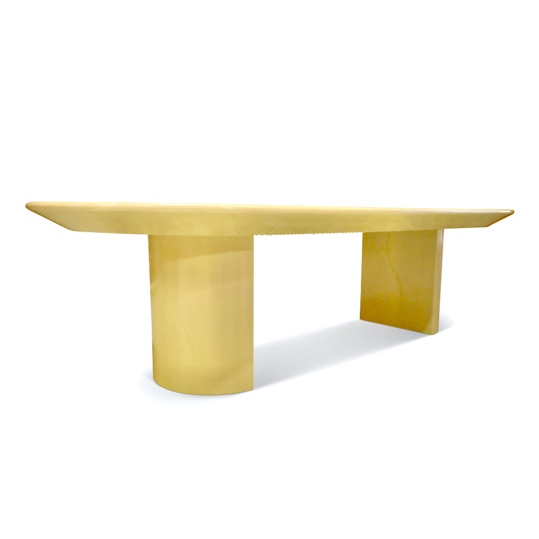 POSTMODERN 1980S KARL SPRINGER GOATSKIN CONFERENCE DINING TABLE OVAL KNIFE EDGE TOP DUAL DEMILUNE PEDESTAL BASE