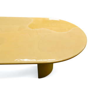 POSTMODERN 1980S KARL SPRINGER GOATSKIN CONFERENCE DINING TABLE OVAL KNIFE EDGE TOP DUAL DEMILUNE PEDESTAL BASE