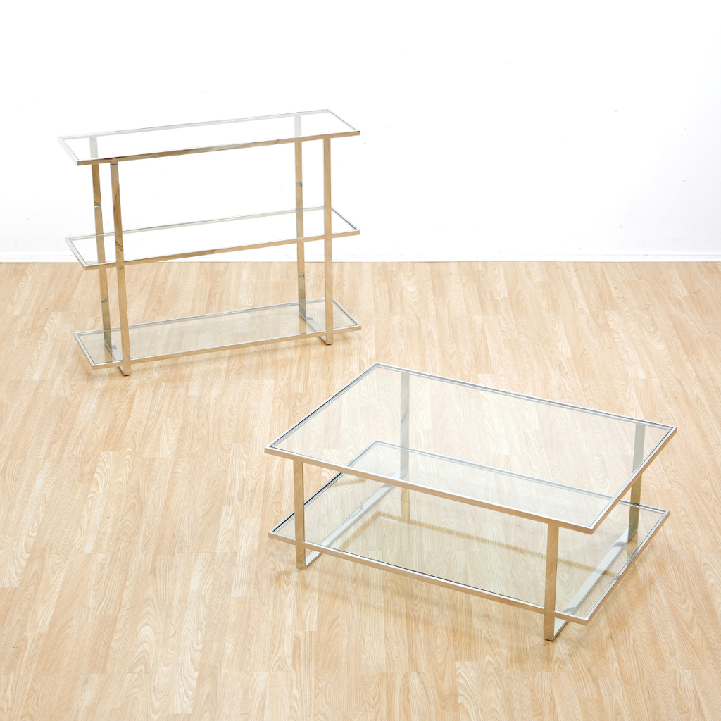 1970s Chrome and Glass Post Modern Bookcase & Coffee Table Set