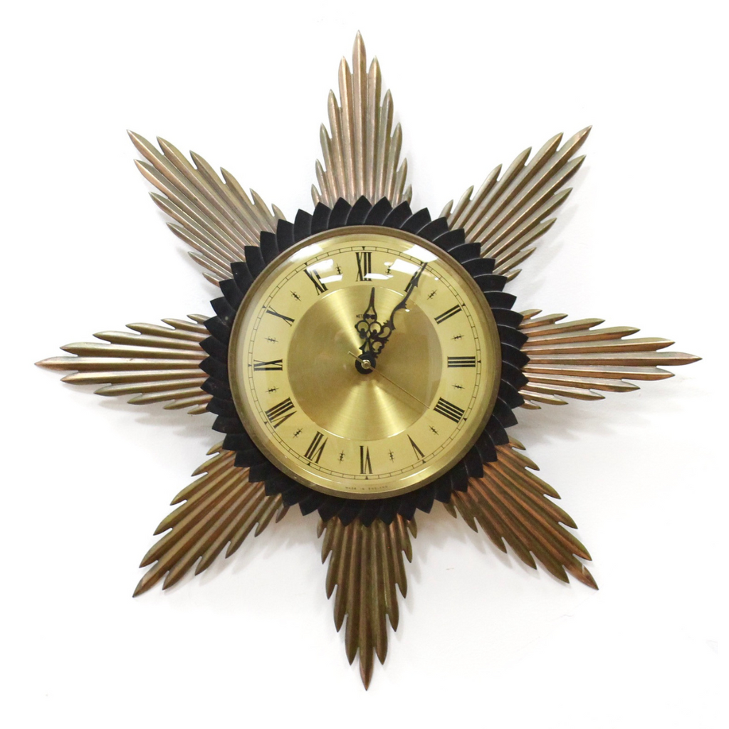 MID CENTURY BRASS SUNBURST CLOCK BY METAMEC