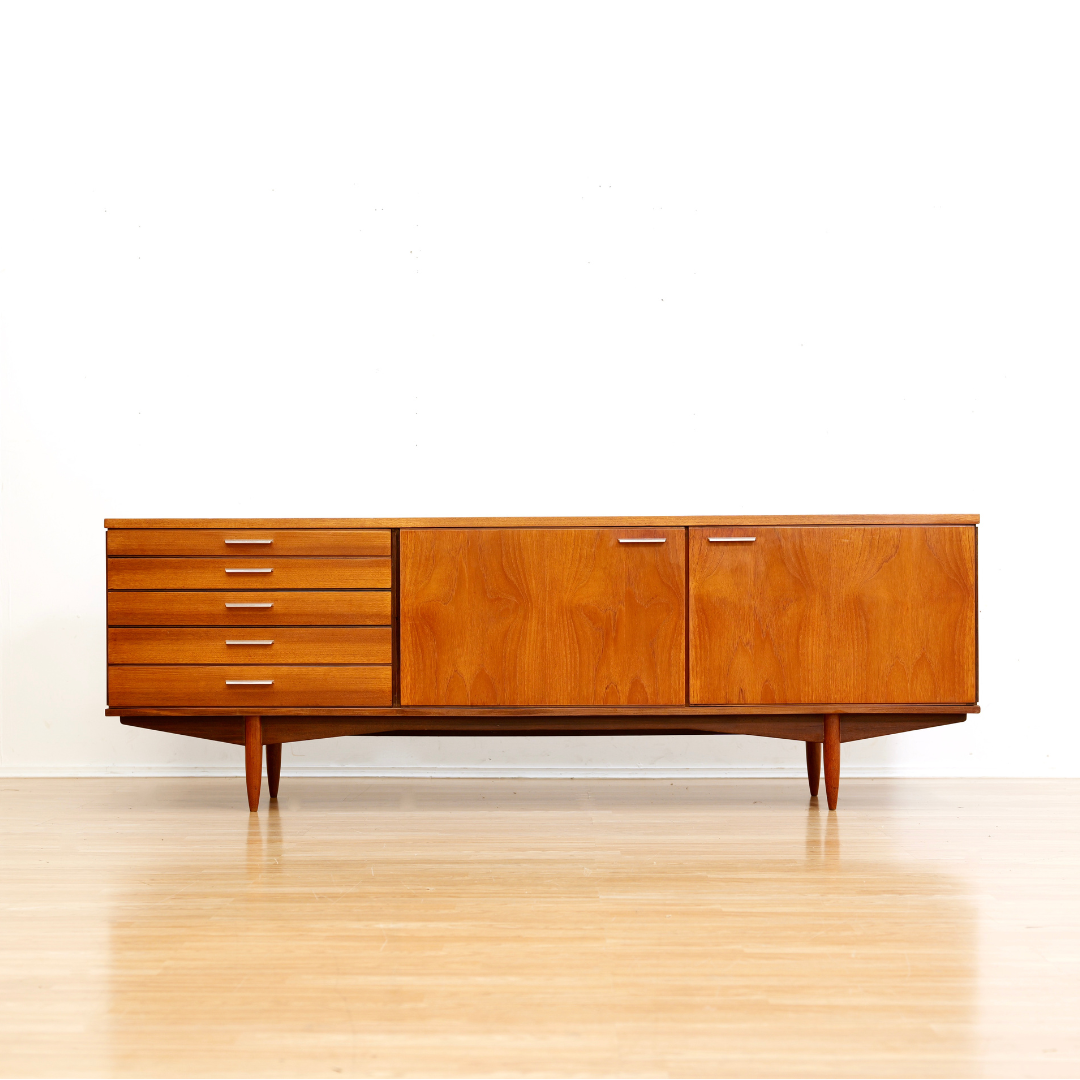LONG MID CENTURY TEAK CREDENZA BY WHITE & NEWTON