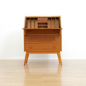 MID CENTURY OAK SECRETARY DESK BY FINELINE FURNITURE OF LONDON