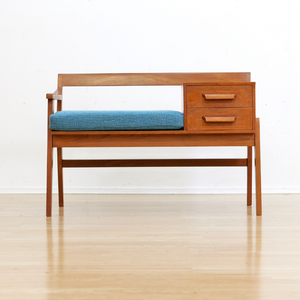 MID CENTURY ENTRYWAY BENCH IN TEAK & BLUE