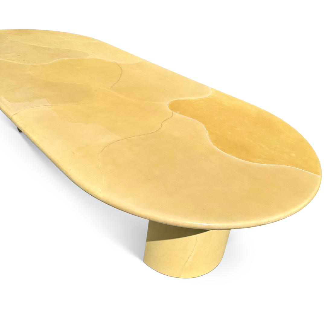 POSTMODERN 1980S KARL SPRINGER GOATSKIN CONFERENCE DINING TABLE OVAL KNIFE EDGE TOP DUAL DEMILUNE PEDESTAL BASE