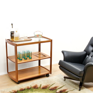 MID CENTURY BAR CART IN TEAK & GLASS