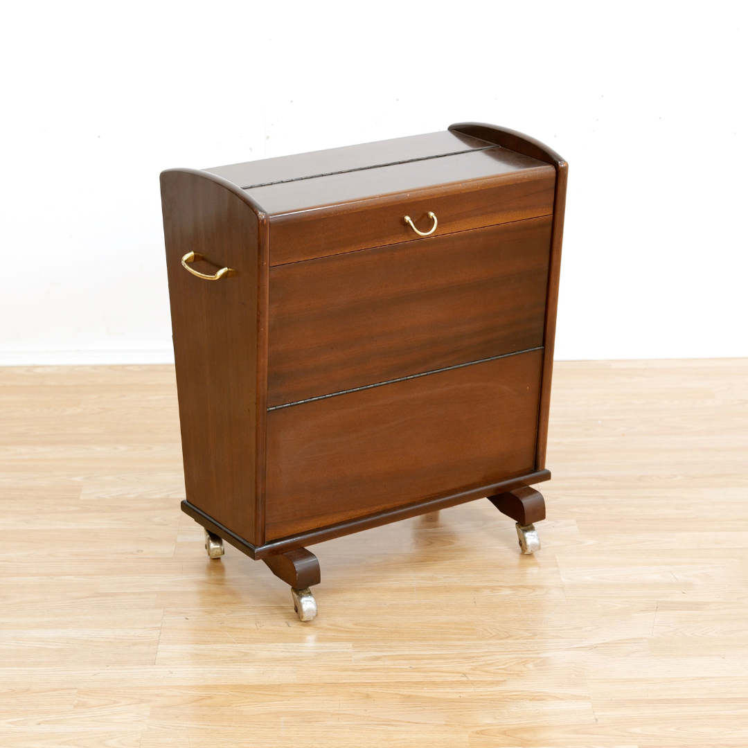MID CENTURY ENCLOSED PORTABLE BAR CART ON WHEELS