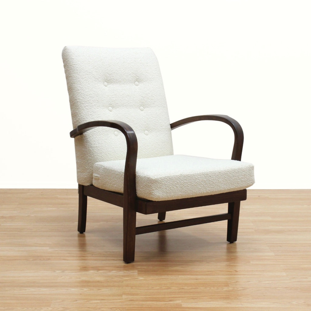 VINTAGE OAK 1940S BENTWOOD ARM CHAIR IN BOUCLE