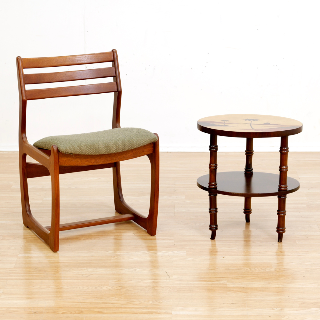 1950s Brazilian Tiki Side Table Inlaid Marquetry Beach Scene