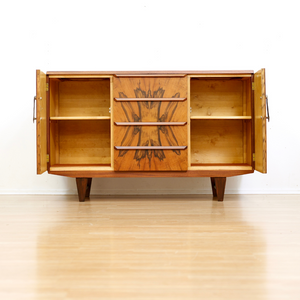 1930S ENGLISH ART DECO MATCHBOOK GRAIN BUFFET CREDENZA BY FARLOW