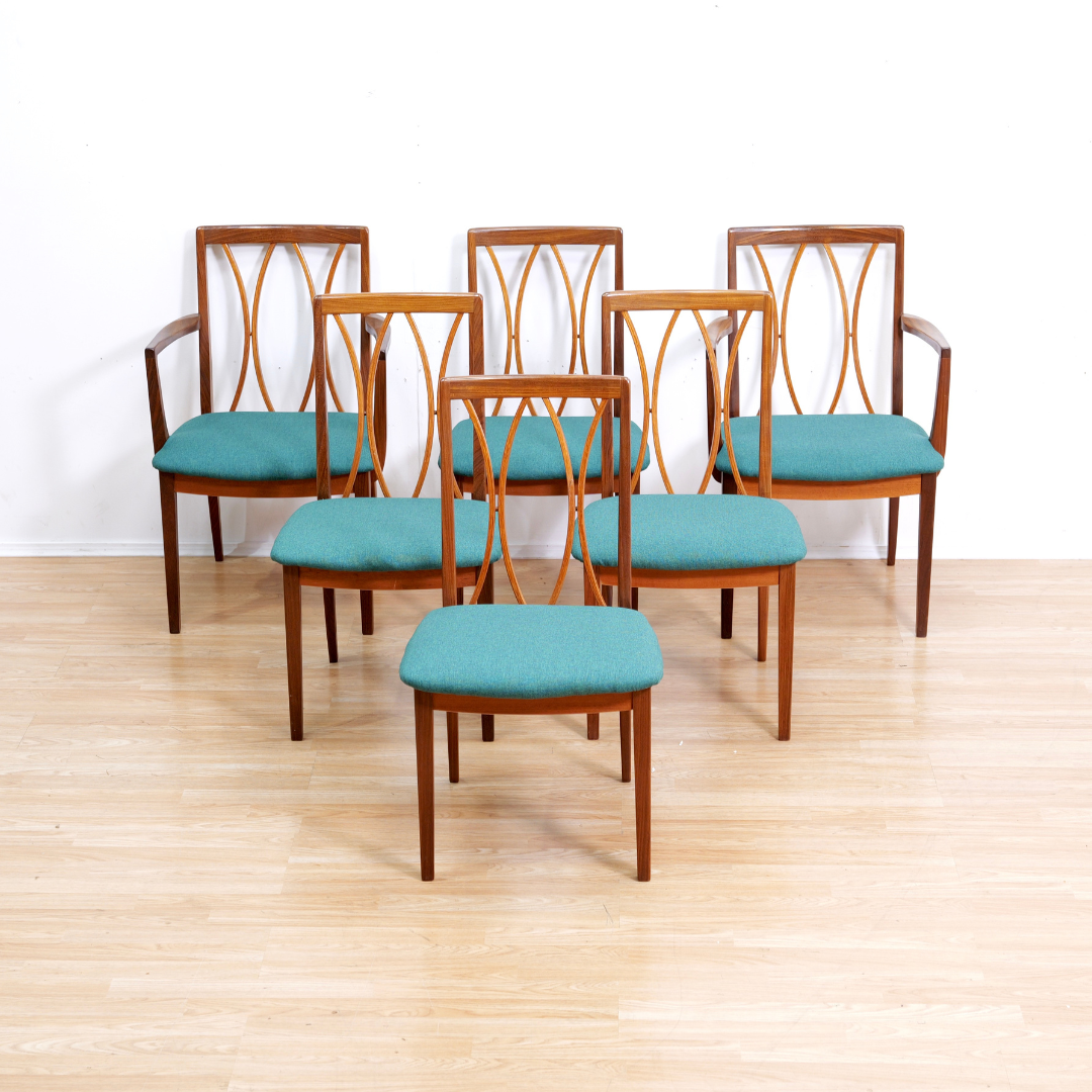 SET OF SIX MID CENTURY DINING CHAIRS BY G PLAN IN TEAL