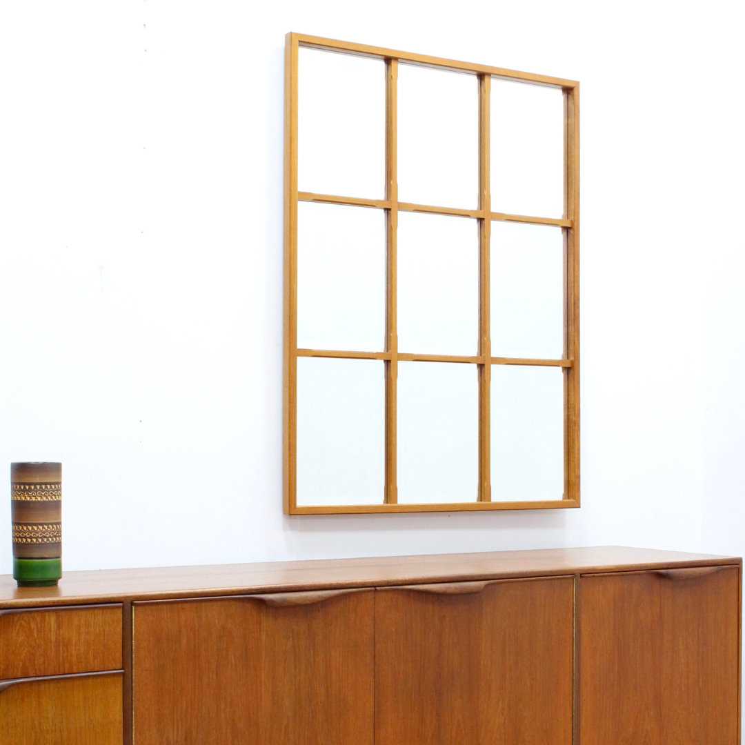 LARGE MID CENTURY TEAK PANEL WALL MIRROR BY ROWLEY