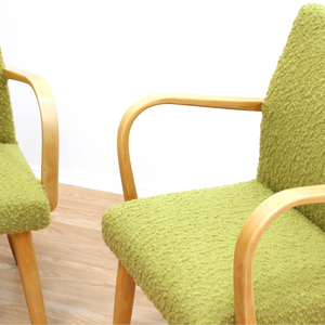 PAIR OF MID CENTURY 1950S BENT WOOD COCKTAIL LOUNGE CHAIRS IN GREEN TWEED