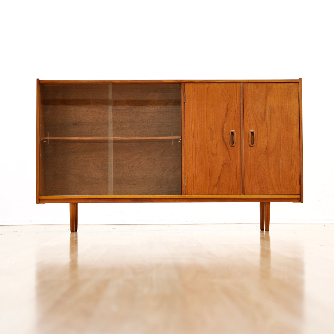 SLIM MID CENTURY DANISH TEAK SIDEBOARD DISPLAY CABINET