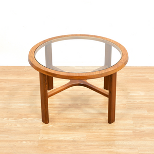 MID CENTURY TEAK AND GLASS ROUND COFFEE TABLE BY STONEHILL