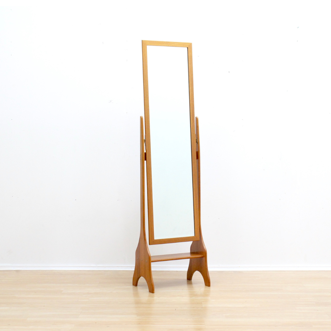 MID CENTURY FLOOR STANDING TEAK CHEVAL MIRROR