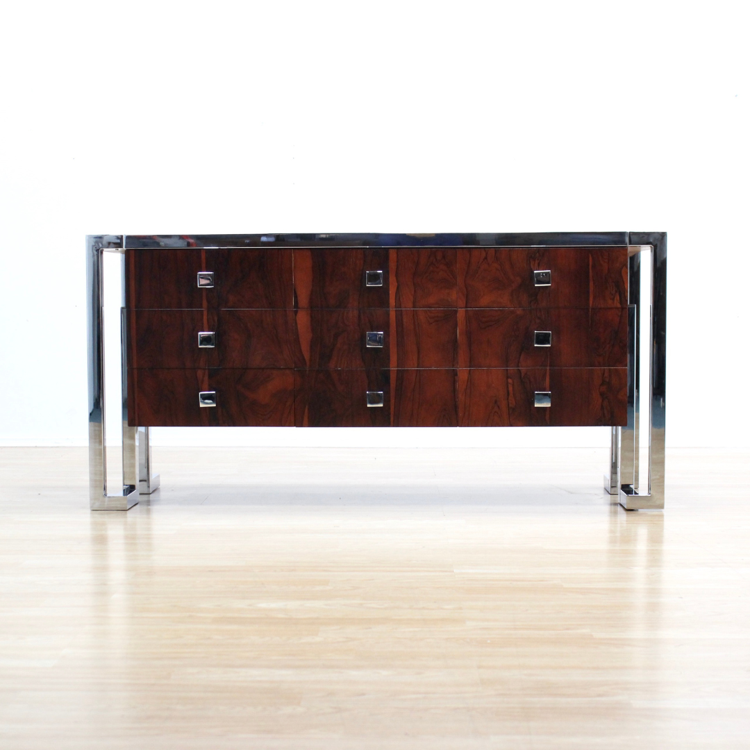 VINTAGE BRITISH ROSEWOOD & CHROME DRESSER CREDENZA BY TIM BATES FOR PIEFF FURNITURE