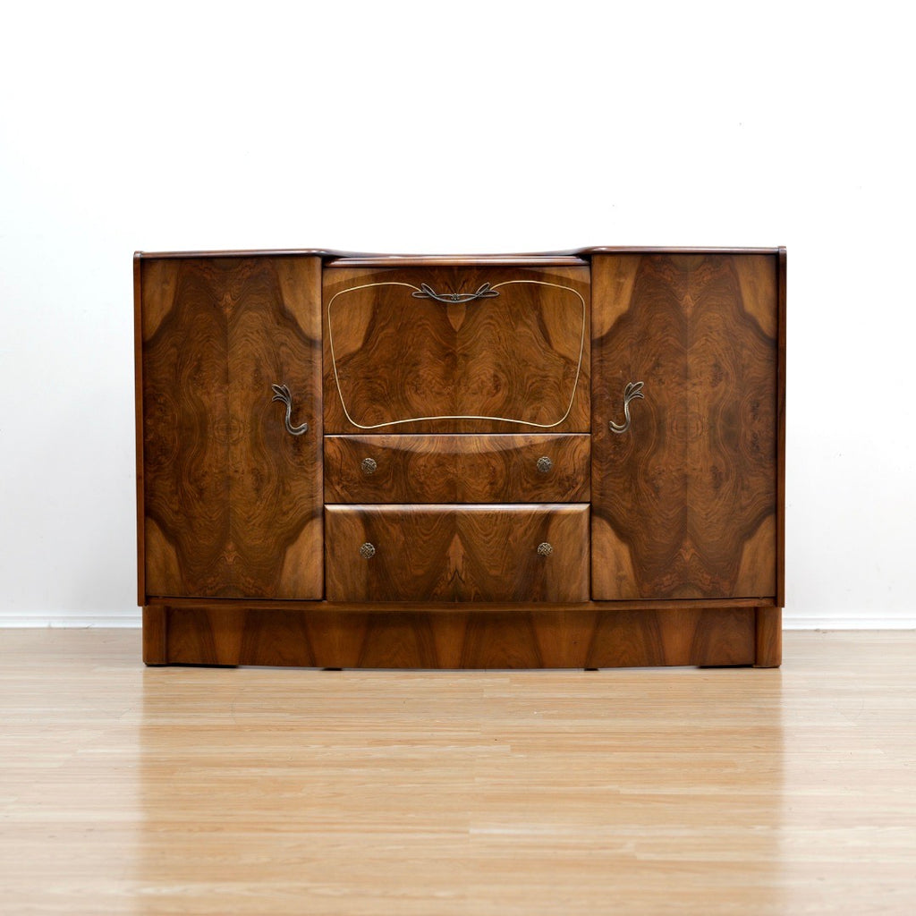 1950s WALNUT COCKTAIL CABINET CREDENZA BY BEAUTILITY FURNITURE