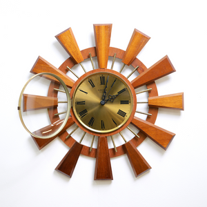 MID CENTURY TEAK SUNBURST WALL CLOCK BY EUROSTYLE